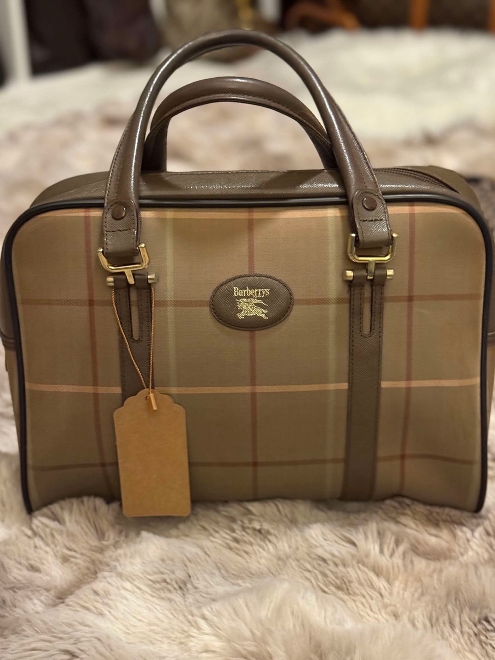 Burberry Tan Plaid Canvas Toiletry Bag with Brown Leather Trim